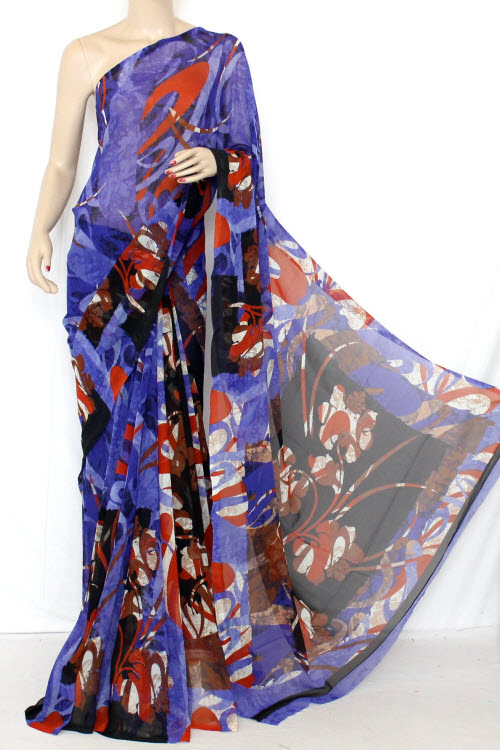 Blue-Red Wrinkle Free Georgette Saree with Blouse