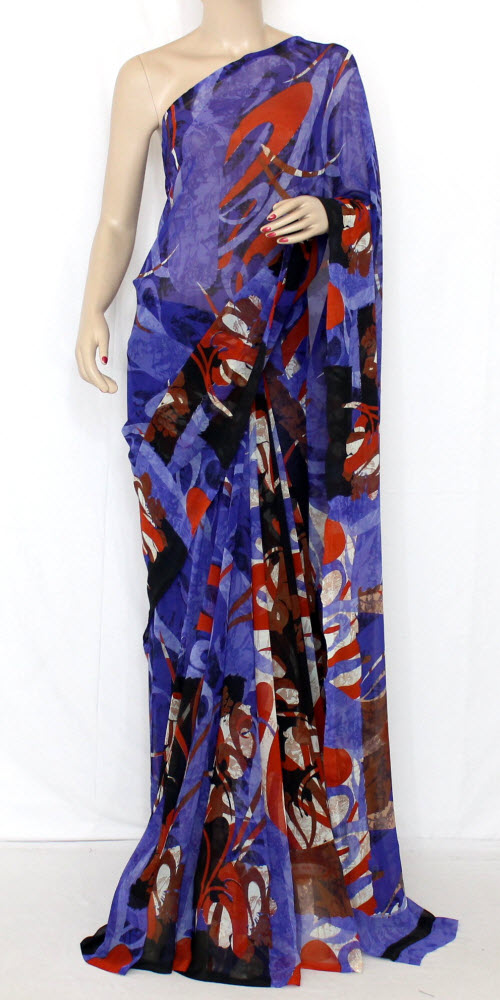 Blue-Red Wrinkle Free Georgette Saree with Blouse
