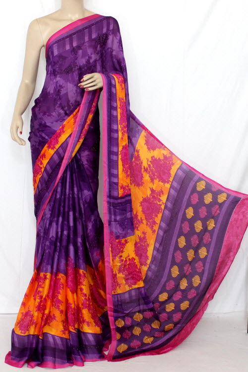 Purple-Pink Wrinkle Free Georgette Saree with Blouse