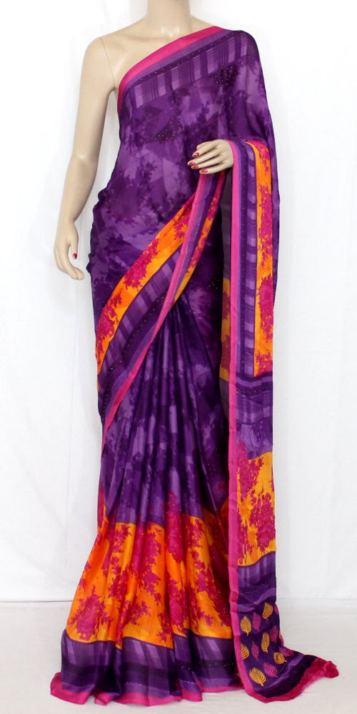 Purple-Pink Wrinkle Free Georgette Saree with Blouse