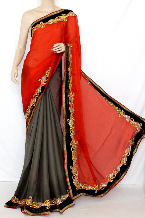 Grey-Orange Embroidered Art Silk Saree with Blouse