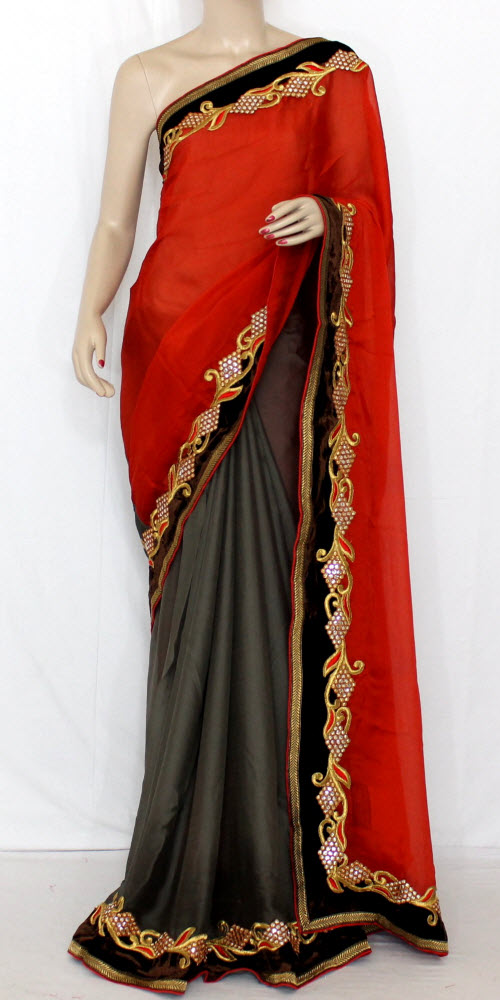 Grey-Orange Embroidered Art Silk Saree with Blouse