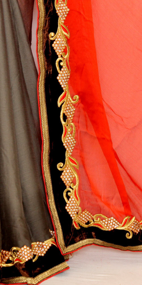 Grey-Orange Embroidered Art Silk Saree with Blouse