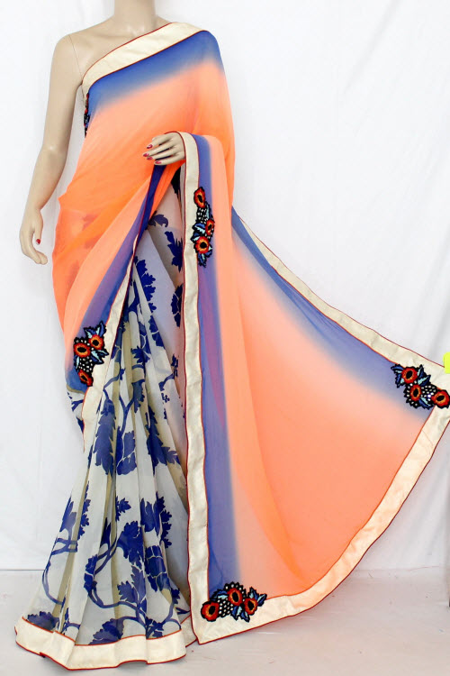 Orange-Blue Art Silk Saree with Blouse