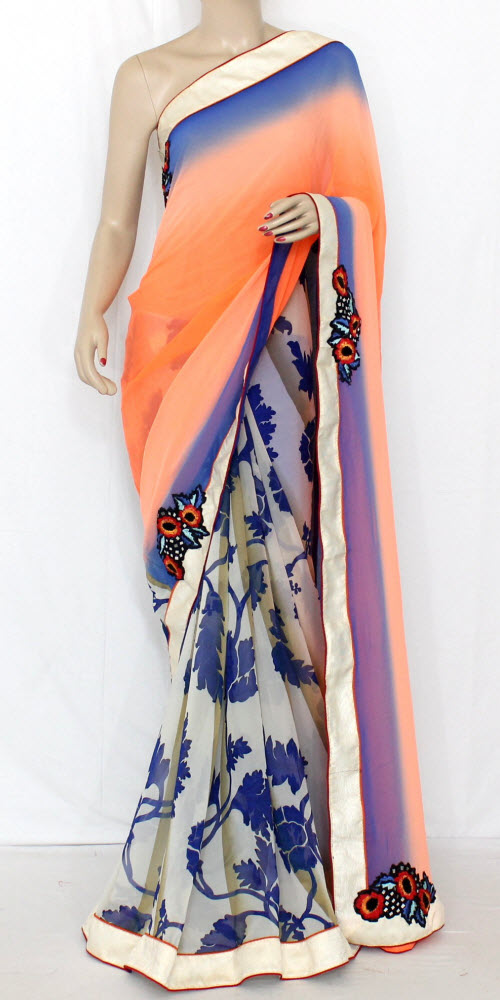 Orange-Blue Art Silk Saree with Blouse