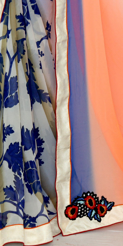 Orange-Blue Art Silk Saree with Blouse