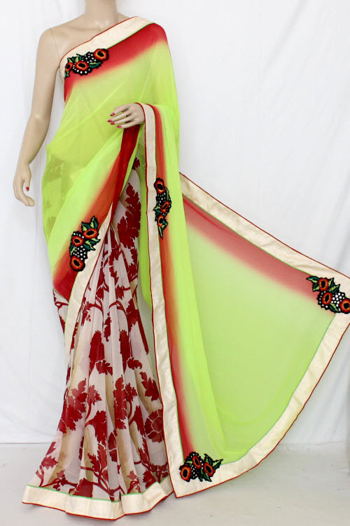 Lemon Green-Red Art Silk Saree with Blouse