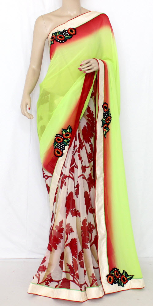Lemon Green-Red Art Silk Saree with Blouse