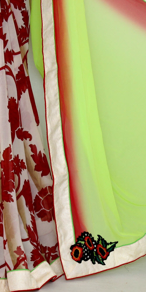 Lemon Green-Red Art Silk Saree with Blouse