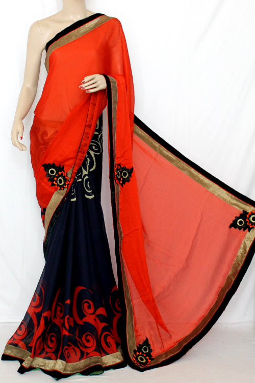 Orange-Grey Art Silk Saree with Blouse