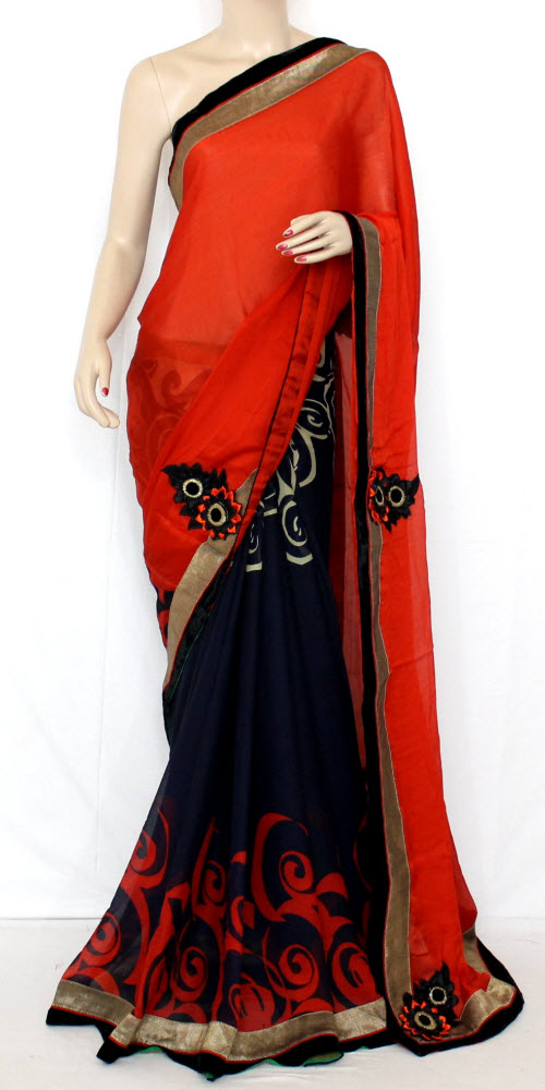 Orange-Grey Art Silk Saree with Blouse