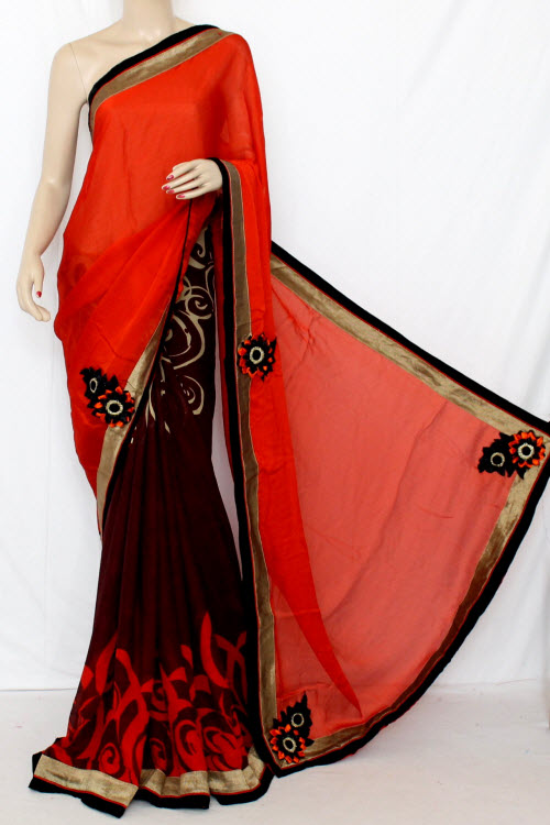 Orange-Maroon Art Silk Saree with Blouse