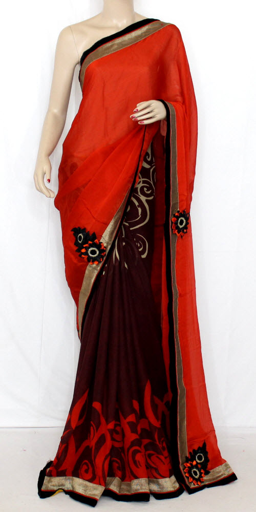Orange-Maroon Art Silk Saree with Blouse