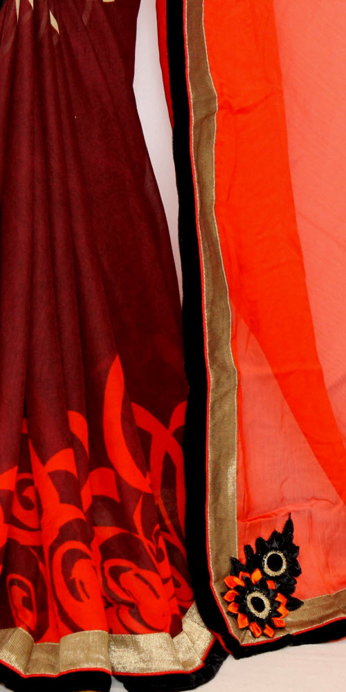 Orange-Maroon Art Silk Saree with Blouse