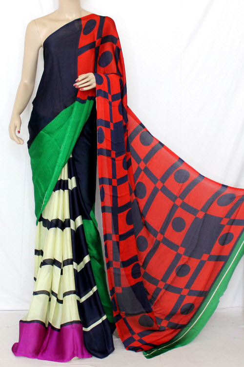 Red-Black Crepe Art Silk Saree with Blouse