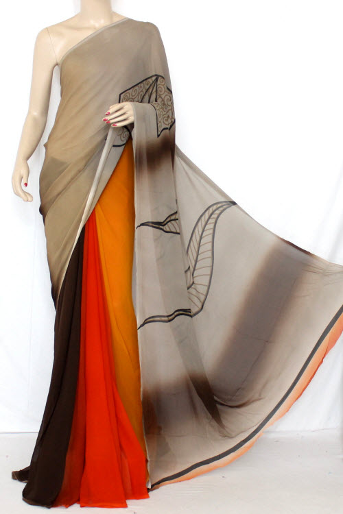 Orange-Fawn Printed Chiffon Saree with Blouse