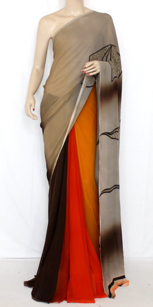 Orange-Fawn Printed Chiffon Saree with Blouse