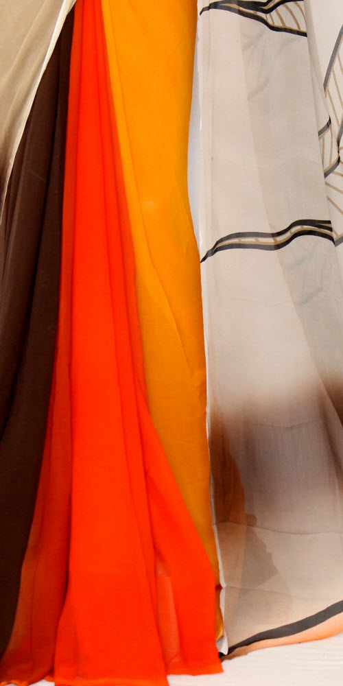 Orange-Fawn Printed Chiffon Saree with Blouse