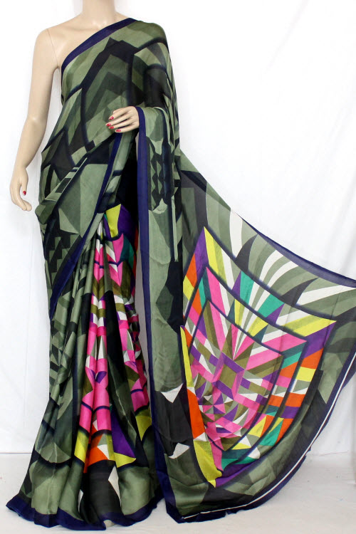 Pink-Grey Crepe Art Silk Saree with Blouse