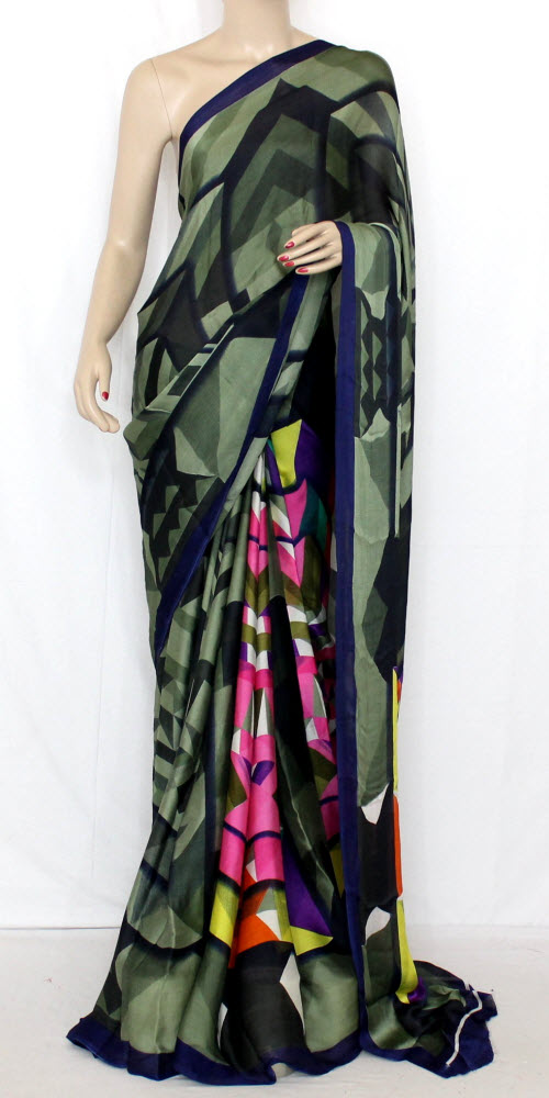 Pink-Grey Crepe Art Silk Saree with Blouse