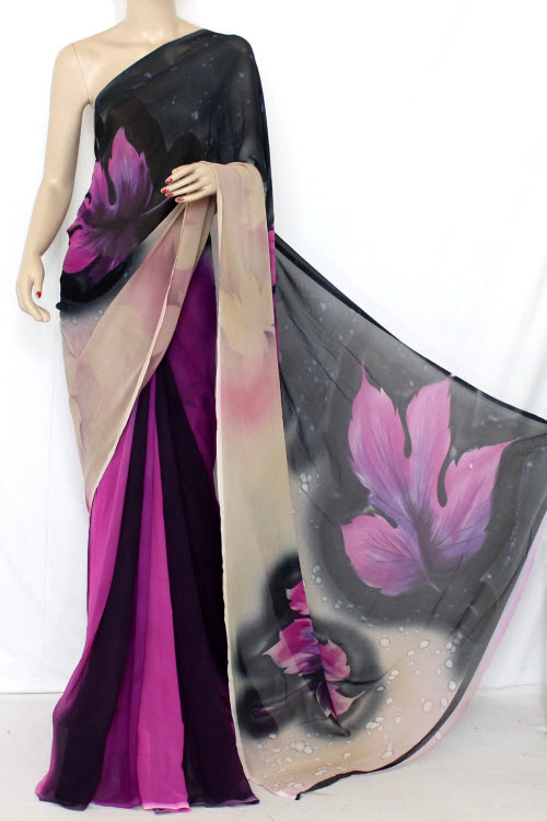 Purple-Black Floral Printed Chiffon Saree with Blouse