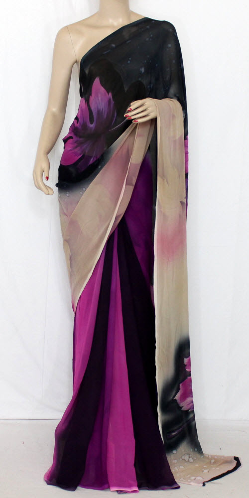 Purple-Black Floral Printed Chiffon Saree with Blouse