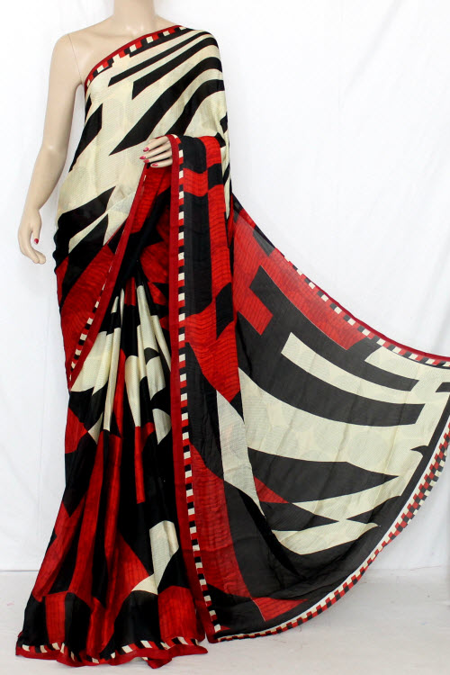 Red-Black Crepe Art Silk Saree with Blouse