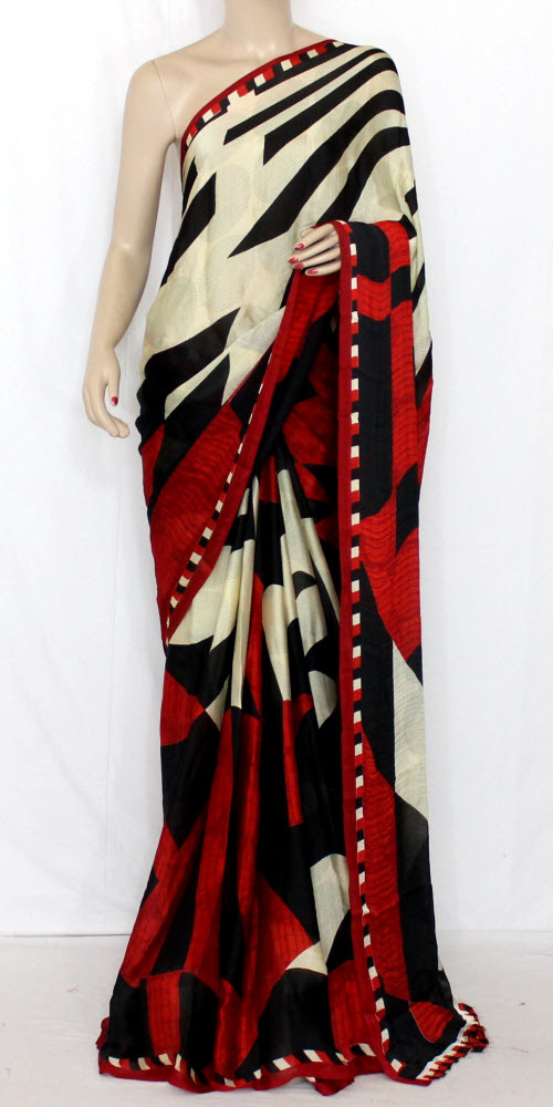 Red-Black Crepe Art Silk Saree with Blouse