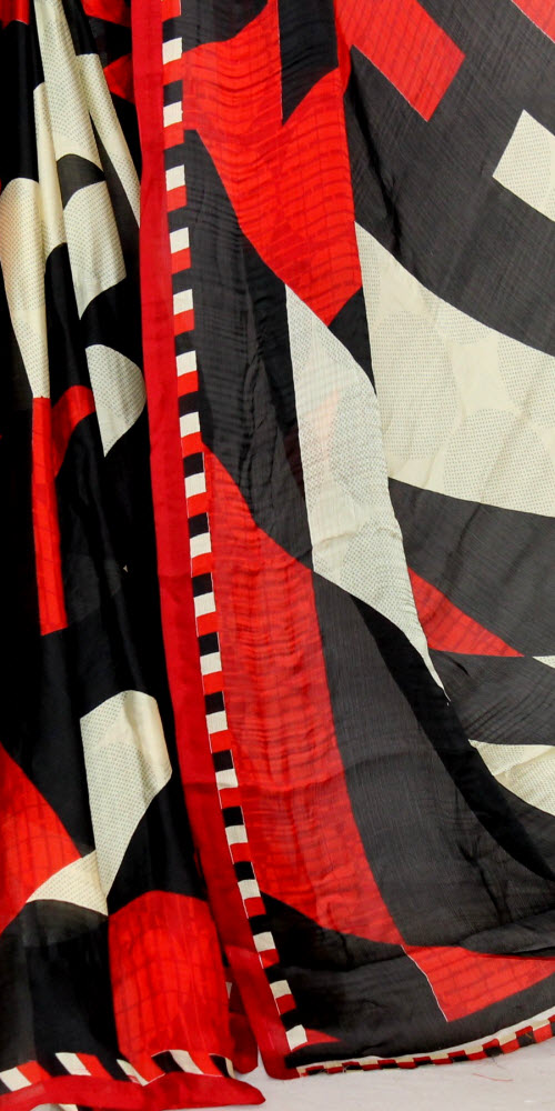 Red-Black Crepe Art Silk Saree with Blouse