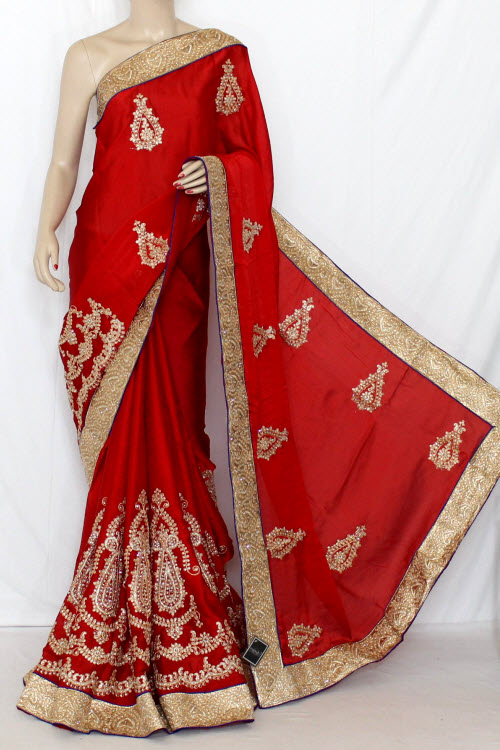 Red Embroidered Dupion Art Silk Saree with Blouse