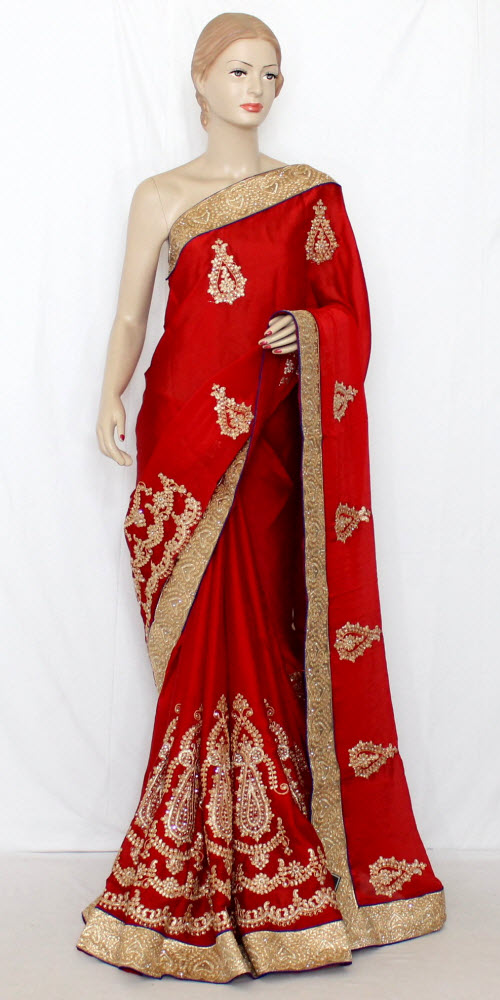 Red Embroidered Dupion Art Silk Saree with Blouse
