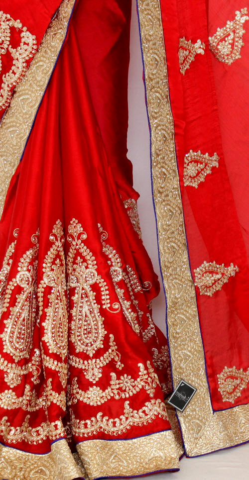 Red Embroidered Dupion Art Silk Saree with Blouse