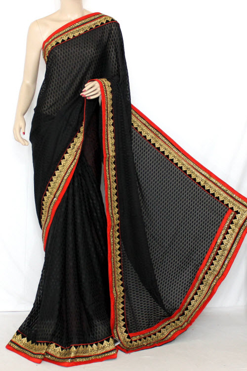 Black-Orange Brasso Art Silk Saree with Blouse