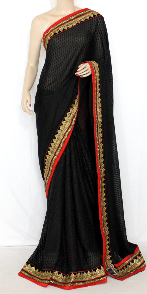 Black-Orange Brasso Art Silk Saree with Blouse
