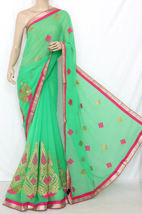 Parrot Green Embroidered Art Silk Saree with Blouse