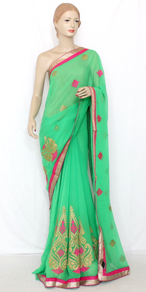 Parrot Green Embroidered Art Silk Saree with Blouse