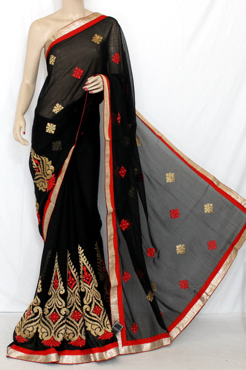 Black Embroidered Art Silk Saree with Blouse