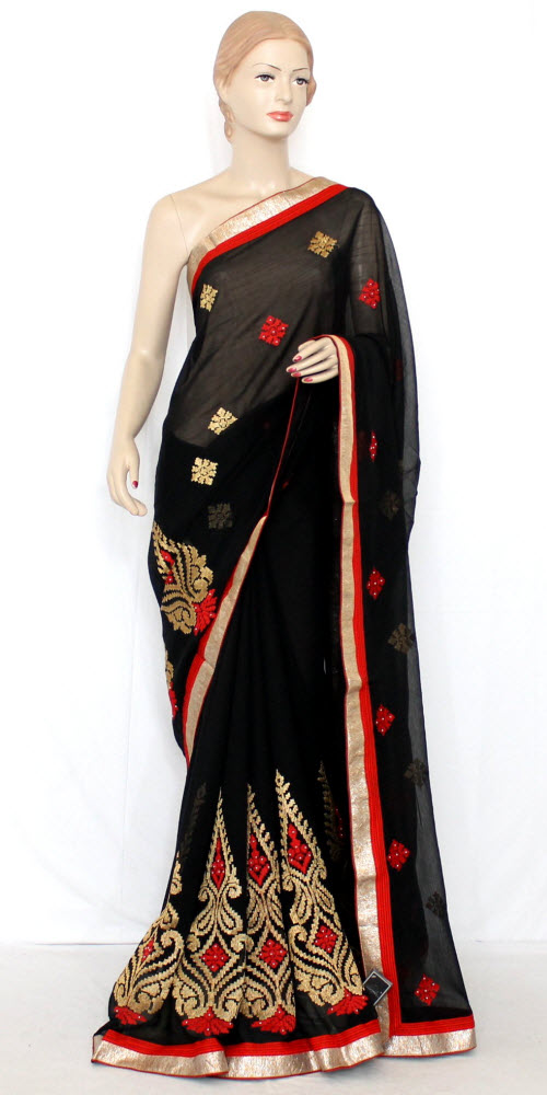 Black Embroidered Art Silk Saree with Blouse