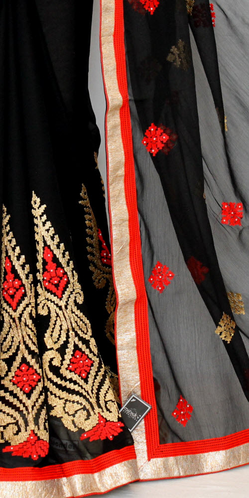 Black Embroidered Art Silk Saree with Blouse