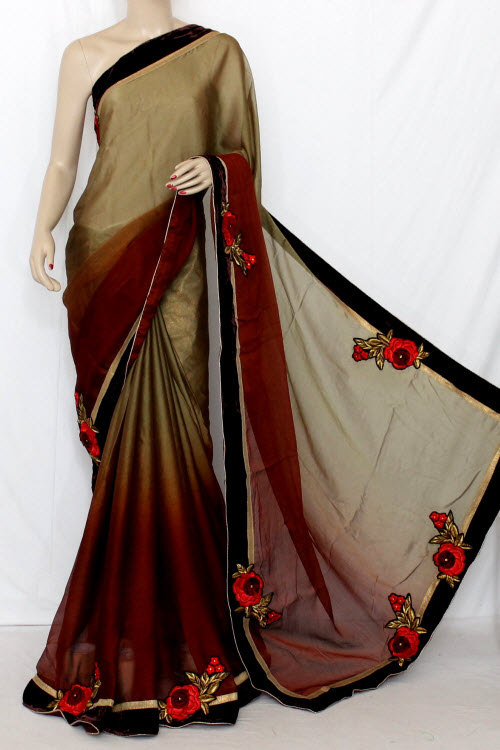 Maroon-Fawn China Art Silk Saree with Blouse