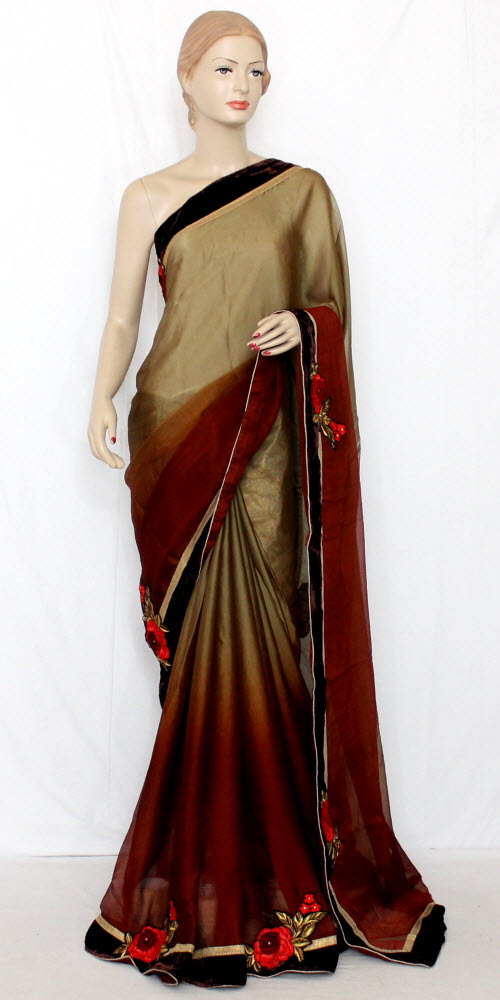 Maroon-Fawn China Art Silk Saree with Blouse