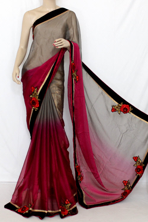 Cherry-Grey China Art Silk Saree with Blouse