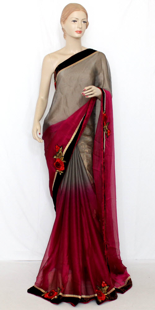 Cherry-Grey China Art Silk Saree with Blouse