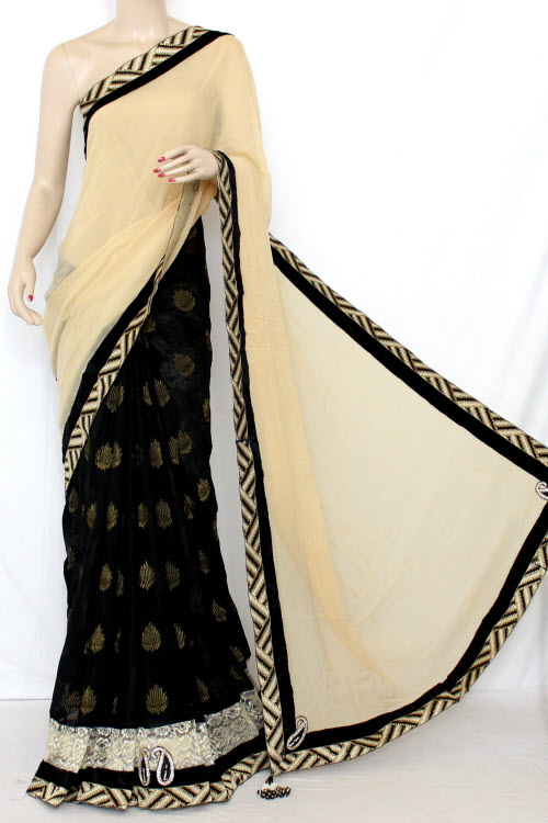 Beige-Black Brasso Art Silk Saree with Net Blouse