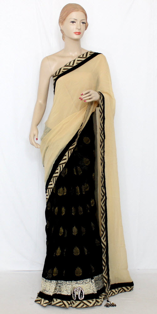 Beige-Black Brasso Art Silk Saree with Net Blouse