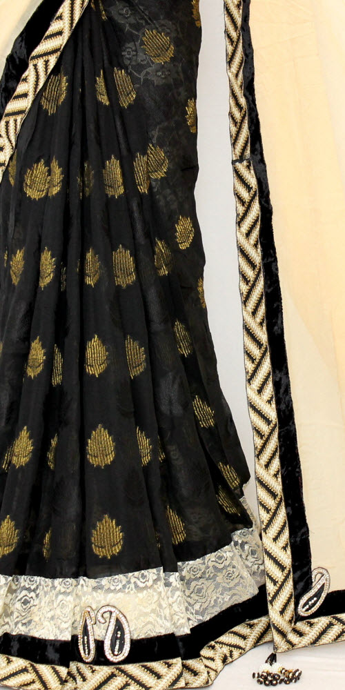 Beige-Black Brasso Art Silk Saree with Net Blouse