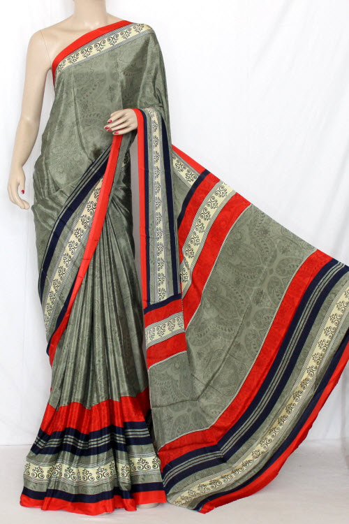 Grey-Orange Printed Art Silk Saree with Blouse