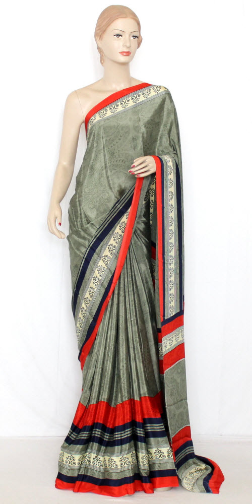 Grey-Orange Printed Art Silk Saree with Blouse