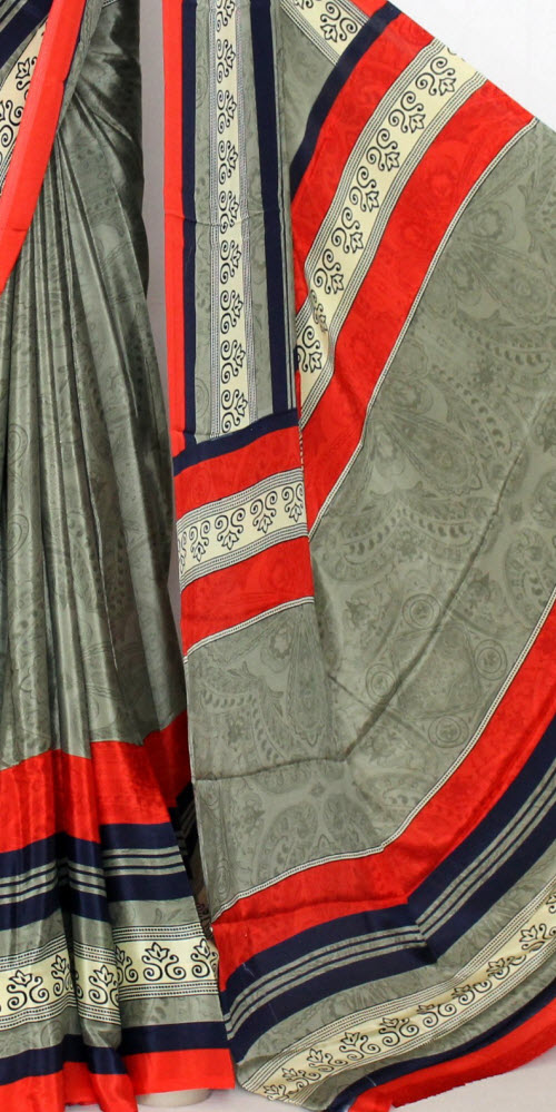 Grey-Orange Printed Art Silk Saree with Blouse