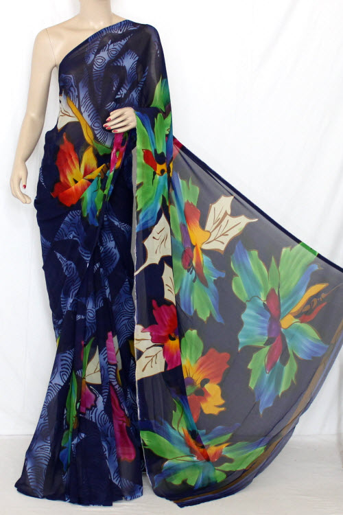 Navy Blue Crepe Art Silk Saree with Blouse